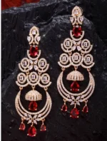 Rose Gold Plated & Red American Diamond Studded Crystal Brass Drops & Danglers
