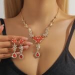 Rhinestone Flower Jewelry Set Teardrop Crystal Pendant Necklace Earrings Floral Statement Wedding Brides Accessories Bridal Women Art Deco Jewelry