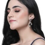 Rhodium-Plated American Diamond Studded Square & Leaf Shaped Drop Earrings For Girsl and Women