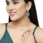 Rhodium-Plated American Diamond Studded Oval & Leaf Shaped Drop Earrings For Girls and Women