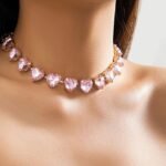 Pink Heart Rhinestone Necklace for Women