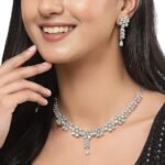 Rhodium-Plated Silver Toned Star Shaped American Diamond Studded Necklace Earrings Jewellery Set for Girls and Women